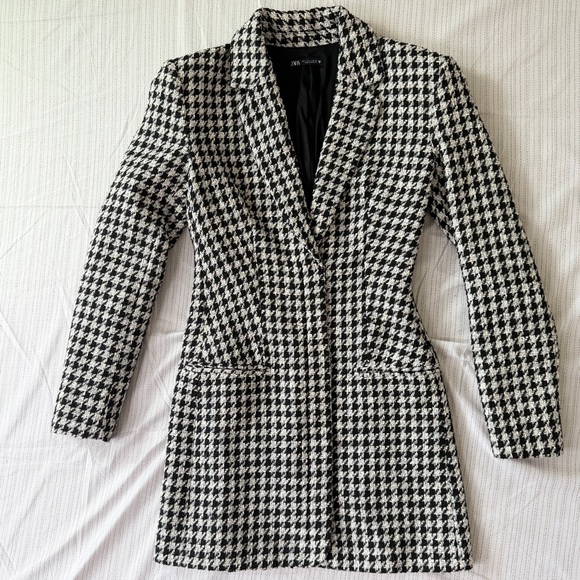 Zara Houndstooth Blazer Mini Dress Tailored Welt Pocket Sz S Retro Glam Core - Picture 16 of 16